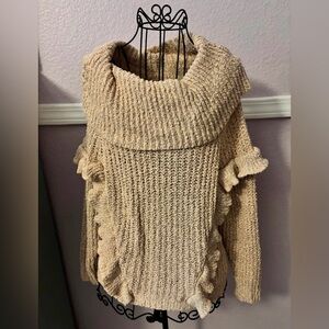 Express Women’s Chunky Beige Cowl Neck Sweater With Ruffles Small